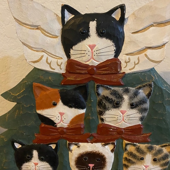 Vintage Hand Painted Wood 6 Cat Angel Tree Standing Philippine Figurine 12”H - Picture 4 of 14